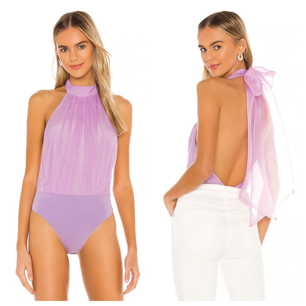 Lovers and Friends‎ Lavender Pleated Halter Bodysuit with Oversized Back Bow S